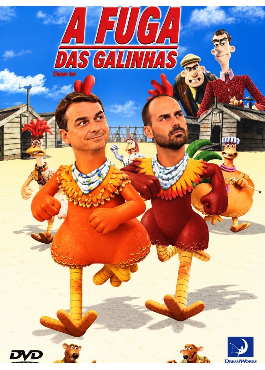 Cartaz do filme "a fuga das galinhas" mas com as caras de Flávio e Eduardo Bolsonaro nas galinhas.